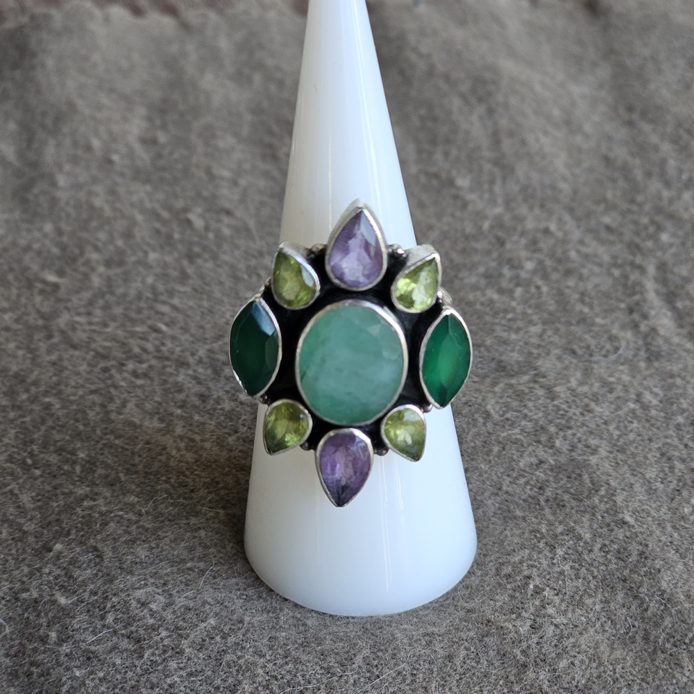 Elegant Silver Ring with Green and Purple Stones
